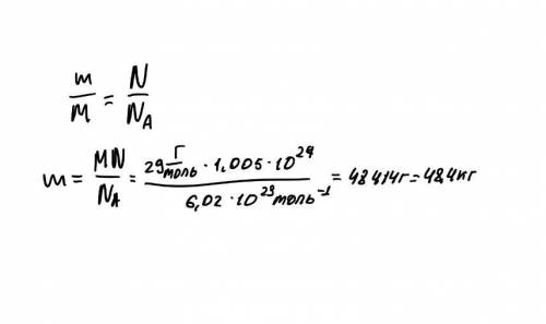 Молярная масса воздуха 29 гр/моль. найдите массу воздуха в помещении, используя формулу m/na * n. n