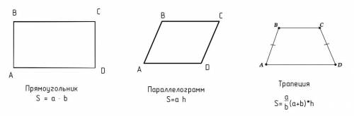 Начерти прямоугольник, параллелограмм и трапецию, обозначь их заглавными буквами и запиши формулу дл