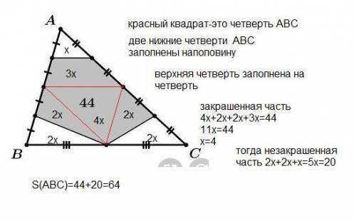 Площадь серого пятиугольника равна 44. чему равна площадь треугольника abc?