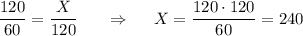 \dfrac{120}{60}=\dfrac X{120}~~~~~\Rightarrow~~~~X=\dfrac{120\cdot120}{60}=240