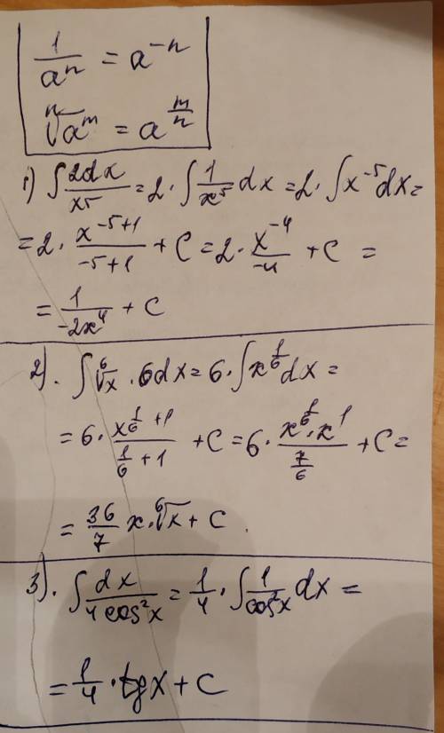 С.неопределенные интегралы. 1)∫2dx / x^5 2) ∫6√x*6*dx 3)∫dx / 4cos^2x