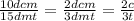 \frac{10dcm}{15dmt}= \frac{2dcm}{3dmt}= \frac{2c}{3t}