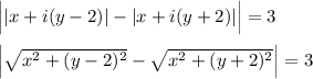 \Big||x+i(y-2)|-|x+i(y+2)|\Big|=3\\ \\ \Big|\sqrt{x^2+(y-2)^2}-\sqrt{x^2+(y+2)^2}\Big|=3