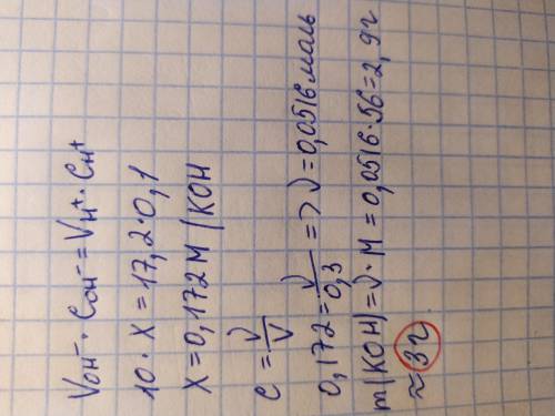 Сколько граммов koh в 300 мл раствора если на титрование 10 мл этого раствора расходуется 17.20 мл 0