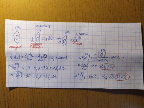 К50 г. смеси толуола и фенола добавили металлический натрий,при этом выделилося 2,24 л. (н.у) водоро