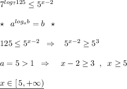 7^{log_7125}\leq 5^{x-2}}\\\\\star \; \; a^{log_{a}b}=b\; \; \star \\\\125\leq 5^{x-2}\; \; \Rightarrow \; \; \; 5^{x-2}\geq 5^3\\\\a=51\; \; \Rightarrow \; \; \; \; x-2\geq 3\; \; ,\; \; x\geq 5\\\\\underline {x\in [\, 5,+\infty )}