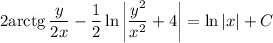 2{\rm arctg}\, \dfrac{y}{2x}-\dfrac{1}{2}\ln \bigg|\dfrac{y^2}{x^2}+4\bigg|=\ln |x|+C