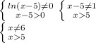 \left \{ {ln (x-5)\neq0 } \atop {x-50}} \right. \left \{ {{x-5\neq1 } \atop {x5}} \right.\\\left \{ {{x\neq 6 } \atop {x 5}} \right.