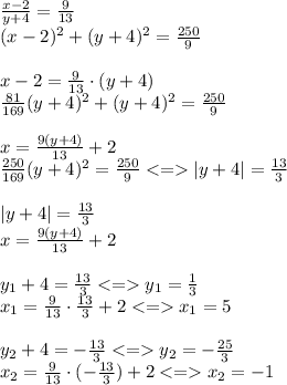 \frac{x - 2}{y + 4} = \frac{9}{13} \\ (x - 2) {}^{2} + (y + 4) {}^{2} = \frac{250}{9} \\ \\ x - 2 = \frac{9}{13} \cdot(y + 4) \\ \frac{81}{169} (y + 4) {}^{2} + (y + 4) {}^{2} = \frac{250}{9} \\ \\ x = \frac{9(y + 4)}{13} + 2 \\ \frac{250}{169} (y + 4) {}^{2} = \frac{250}{9} < = |y + 4| = \frac{13}{3} \\ \\ |y + 4| = \frac{13}{3} \\ x = \frac{9(y + 4)}{13} + 2 \\ \\ y_1 + 4 = \frac{13 }{3} < = y_1 = \frac{1}{3} \\ x_1 = \frac{9}{13} \cdot \frac{13}{3} + 2 < = x_1= 5 \\ \\ y_2 + 4 = - \frac{13 }{3} < = y_2 = - \frac{25}{3} \\ x_2 = \frac{9}{13} \cdot (- \frac{13}{3} ) + 2 < = x_2= - 1