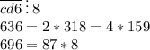 \overline{cd6}\:\vdots \: 8\\ 636=2*318=4*159\\ 696=87*8