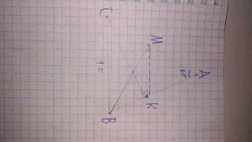 Востроугольном треугольнике авс угол =60градусов,отрезки вм и ск - высоты.найдите км,если вс =10 реш