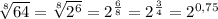 \sqrt[8]{64}=\sqrt[8]{2^6}=2^\frac{6}{8}=2^\frac{3}{4}=2^{0,75}