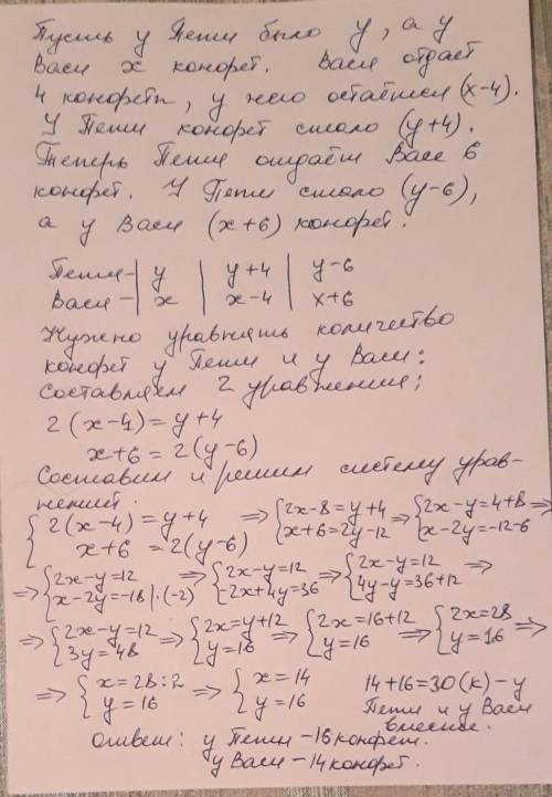 Петя сказал васи : если я тебе 4 конфеты , у тебя их будет в два раза больше,чем у меня, если ты мне