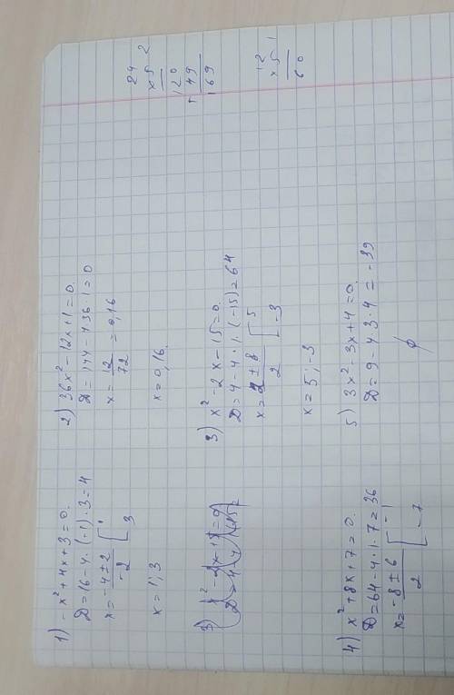 Решите, .заранее .1. -x²+4x+3=02. 36x²-12x+1=03. x²-2x-15=04. x²+8x+7=05. 3x²-3x+4=06. 25x²+10x+1=07