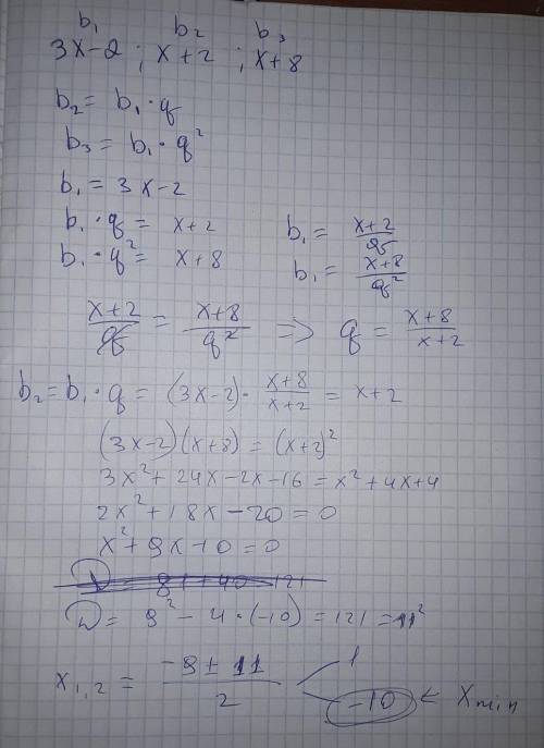 Написано последовательность членов прогрессии: 3x-2; x+2; x+8; для какого значения х это использует