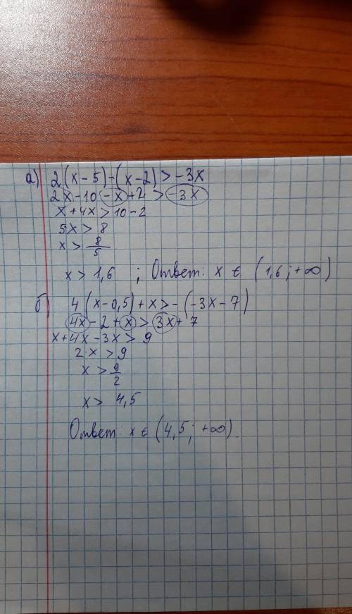 Решить неравенства : а) 2(х-5)-(х-2)> -3х б) 4(х-0,5)+х> -(-3х-7)