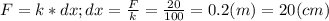 F=k*dx; dx=\frac{F}{k}=\frac{20}{100}=0.2(m)=20(cm)