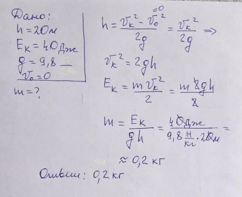 тело свободно падает без начальной скорости с высоты 20м. перед ударом о землю его кинетическая энер
