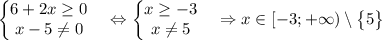 \left\{\begin{matrix}6+2x\geq 0 & \\x-5\neq 0& \end{matrix}\right.\Leftrightarrow \left\{\begin{matrix}x\geq -3 &\\x\neq 5& \end{matrix}\right.\Rightarrow x\in [-3;+\infty)\setminus \begin{Bmatrix}5\end{Bmatrix}