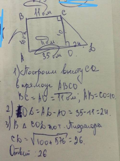 Основания прямоугольной трапеции равны 11 дм и 35 дм. меньшая боковая сторона равна 10 дм. вычисли б