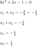 8x^{2}+2x-1=0\\\\x_{1}+x_{2}=-\frac{2}{8}=-\frac{1}{4} \\\\x_{1} *x_{2}=-\frac{1}{8}\\\\x_{1}=-\frac{1}{2}\\\\x_{2}=\frac{1}{4}