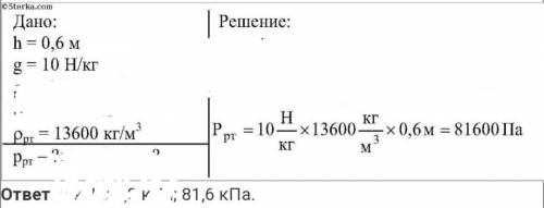 Определите давление на глубине 0.6м в ртути