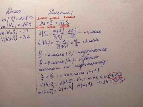 Определите m и v h2s, если известно что в реакцию вступили 128 г s и 16 г h обьясните как решать так