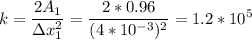 \displaystyle k=\frac{2A_1}{\Delta x_1^2}=\frac{2*0.96}{(4*10^{-3})^2}=1.2*10^5