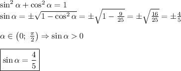 \sin^2\alpha+\cos^2\alpha=1\\\sin\alpha=\pm\sqrt{1-\cos^2\alpha}=\pm\sqrt{1-\frac9{25}}=\pm\sqrt{\frac{16}{25}}=\pm\frac45\\\\\alpha\in\left(0;\;\frac\pi2\right)\Rightarrow\sin\alpha0\\\\\boxed{\sin\alpha=\frac45}