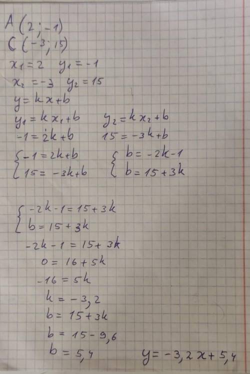 Составьте уравнение прямой проходящей через точки a(2 - 1) c(-3 15)через y=kx+b