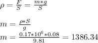 \rho=\frac{F}{S} =\frac{m*g}{S} \\ \\m=\frac{\rho*S }{g} \\m=\frac{0.17*10^{6}*0.08 }{9.81} =1386.34