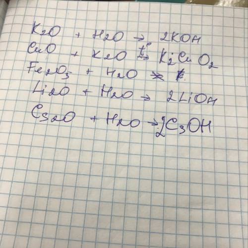 K2o + h20 = 2 kohcuo + k₂o=fe2o₃ + h₂o = li2o + h₂o = 2liohcs₂o + h₂o= решить уравнения ​