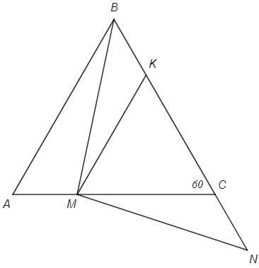 На стороне ac равностороннего треугольника abc отметили точку m, а на продолжении стороны bc за верш