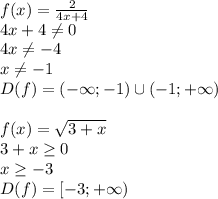 f(x)=\frac{2}{4x+4}\\4x+4\neq0\\4x\neq-4\\x\neq-1\\D(f)=(-\infty;-1)\cup(-1;+\infty)\\\\f(x)=\sqrt{3+x}\\3+x\geq0\\x\geq-3\\D(f)=[-3;+\infty)