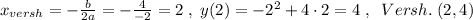 x_{versh}=-\frac{b}{2a}=-\frac{4}{-2}=2\; ,\; y(2)=-2^2+4\cdot 2=4\; ,\; \; Versh.\; (2,4)