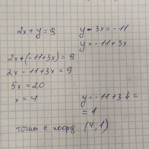 Найдите точку пересечения прямых 2х+у = 9 и у-3х = - 11