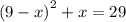 {(9 - x) }^{2} + x = 29