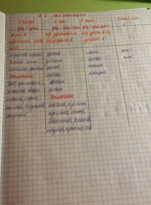 Заполнить таблицу гласные о и е после шипящих в окончаниях существительных и прилагательных 4-5 прим
