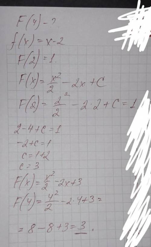 Найти f(4), если f(x) - первообразная функции f(x) = x-2 и f(2)=1.