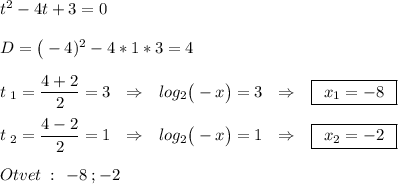 t^2-4t+3=0\\\\D=\big(-4)^2-4*1*3=4\\\\t\:_1=\dfrac{4+2}{2}=3\:\:\:\Rightarrow\:\:\:log_2\big(-x\big)=3\:\:\:\Rightarrow\:\:\:\boxed{\:\:x_1=-8\:\:}\\\\t\:_2=\dfrac{4-2}{2}=1\:\:\:\Rightarrow\:\:\:log_2\big(-x\big)=1\:\:\:\Rightarrow\:\:\:\boxed{\:\:x_2=-2\:\:}\\\\Otvet\::\:\:-8\:;-2\\\\