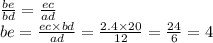 \frac{be}{bd} = \frac{ec}{ad } \\ be = \frac{ec \times bd}{ad} = \frac{2.4 \times 20}{12} = \frac{24}{6} = 4