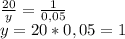 \frac{20}{y} =\frac{1}{0,05}\\ y=20*0,05=1