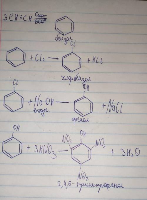 С2н2--> с6н5cl--> c6h5oh--> c6h2oh(no2)3 записать это всё структурной формулой и записать у