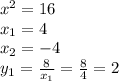 x^2=16\\x_1=4\\x_2=-4\\y_1=\frac{8}{x_1} =\frac{8}{4} =2