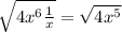 \sqrt{4 {x}^{6} \frac{1}{x} } = \sqrt{4 {x}^{5} }