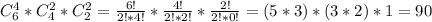 C_{6}^{4} *C_{4}^{2}*C_{2}^{2}=\frac{6!}{2!*4!}*\frac{4!}{2!*2!}*\frac{2!}{2!*0!}=(5*3)*(3*2)*1=90