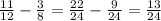 \frac{11}{12} - \frac{3}{8} = \frac{22}{24} - \frac{9}{24} = \frac{13}{24}