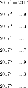 2017^1=2017\\\\2017^2=....9\\\\2017^3=....3\\\\2017^4=....1\\\\2017^5=....7\\\\2017^6=....9\\\\2017^7=....3\\\\2017^8=....1