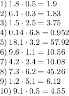 1) \: 1.8 \cdot0.5 = 1.9 \\ 2) \: 6.1 \cdot0.3 = 1.83 \\ 3) \: 1.5 \cdot 2.5 = 3.75 \\ 4) \: 0.14 \cdot6.8 = 0.952 \\ 5) \: 18.1 \cdot3.2 = 57.92 \\ 6) \: 9.6 \cdot1.1 = 10.56 \\ 7) \: 4.2 \cdot2.4 = 10.08 \\ 8) \: 7.3 \cdot6.2 = 45.26 \\ 9) \: 1.2 \cdot5.1 = 6.12 \\ 10) \: 9.1 \cdot0.5 = 4.55