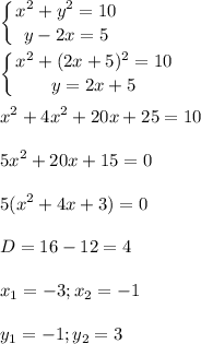 \displaystyle \left \{ {{x^2+y^2=10} \atop {y-2x=5}} \right.\\\\\left \{ {{x^2+(2x+5)^2=10} \atop {y=2x+5}} \right.\\\\x^2+4x^2+20x+25=10\\\\5x^2+20x+15=0\\\\5(x^2+4x+3)=0\\\\D=16-12=4\\\\x_1=-3; x_2=-1\\\\y_1=-1; y_2=3